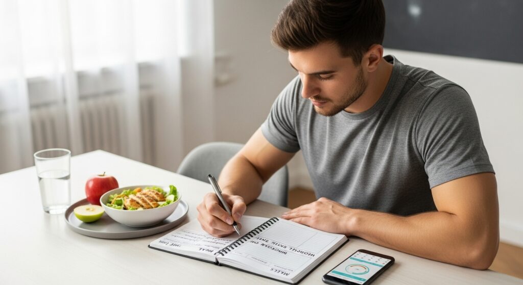 Beginner athlete tracking meal and workout timing in a fitness journal with light meal on table