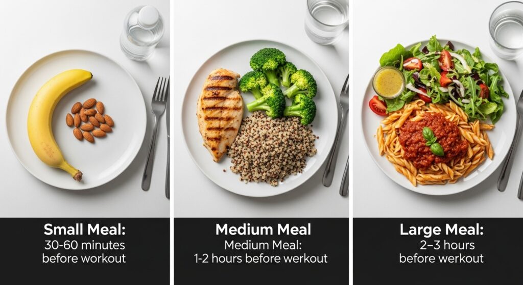 Examples of small, medium, and large meals with suggested wait times before workouts