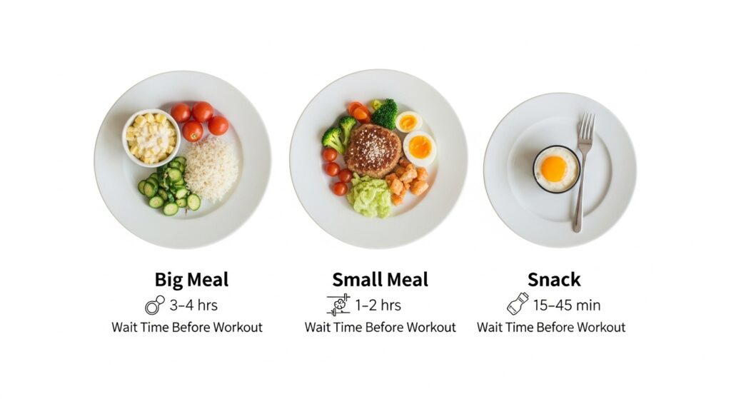 Meal portion sizes with recommended wait times before workouts based on intensity level