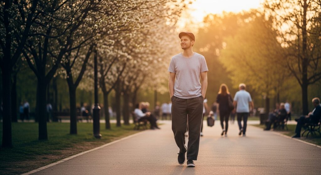 Person walking slowly after eating to help digestion and blood sugar