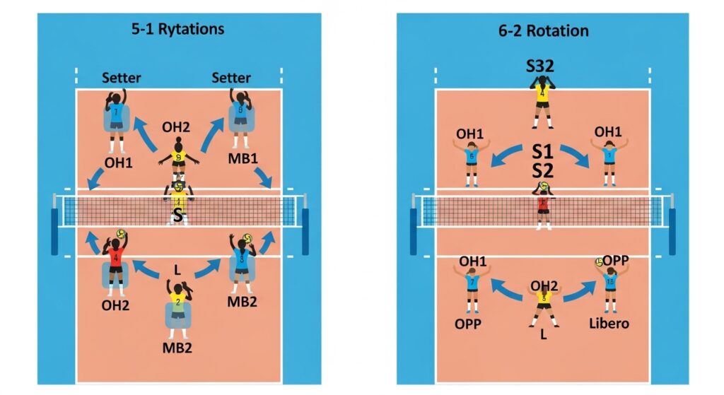 5–1 vs 6–2 volleyball rotation systems explained with diagrams