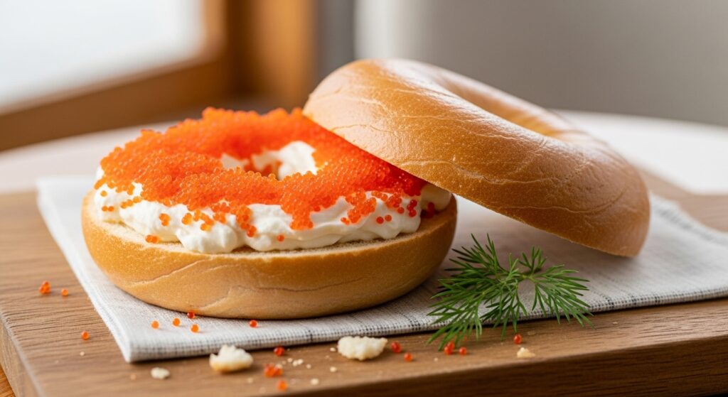 Bagel with cream cheese and masago roe spread