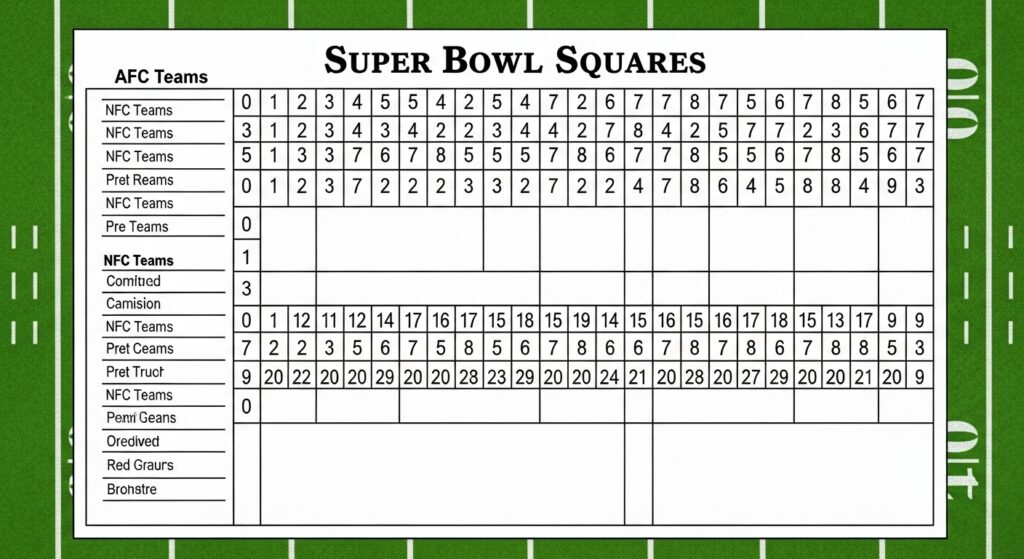 Example of a 10x10 Super Bowl Squares grid with random numbers