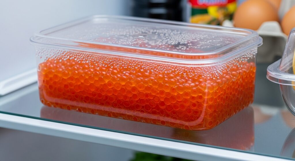 Masago in a sealed container in the fridge