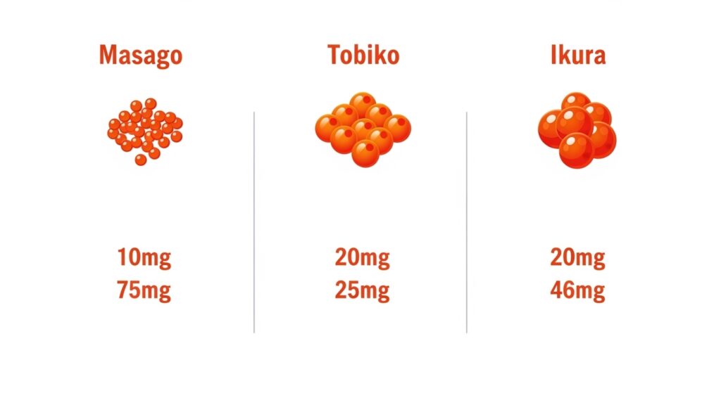 Nutrition comparison of masago, tobiko, and ikura roe.