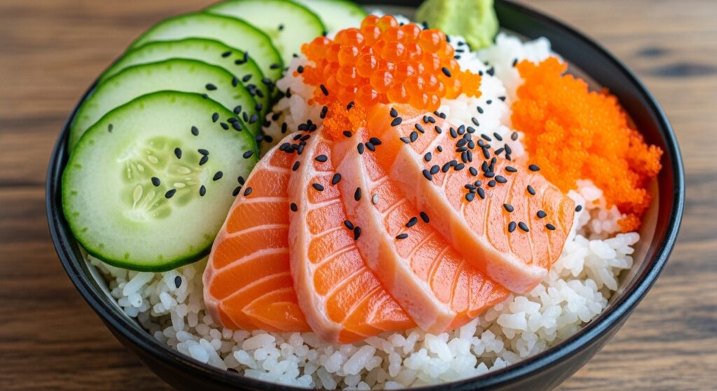 Rice bowl with salmon, avocado, and masago roe topping