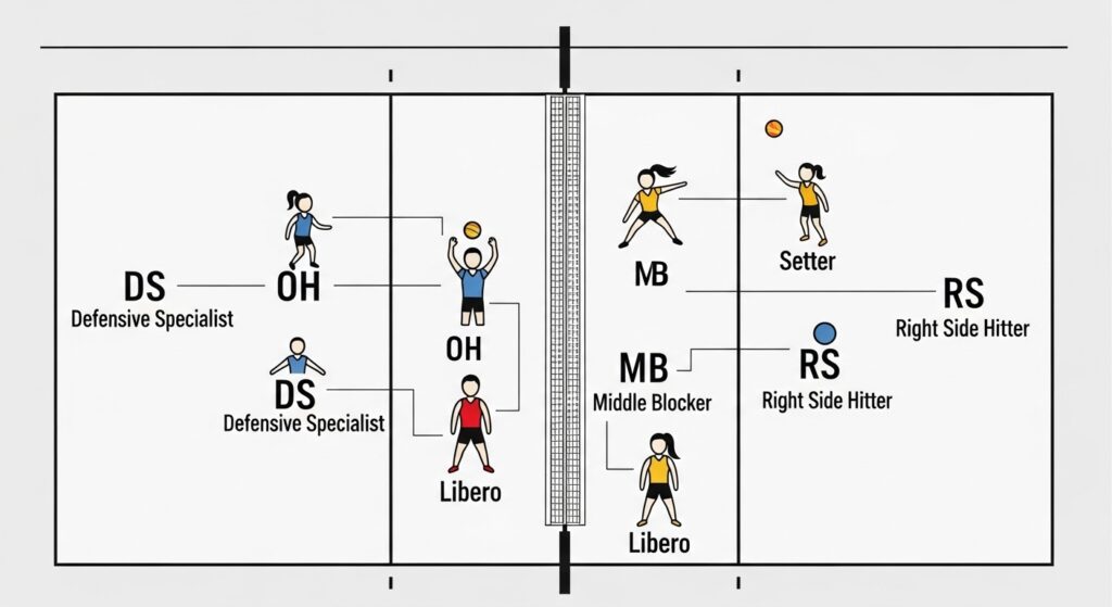 Volleyball court positions diagram showing all six roles