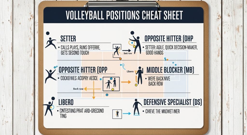 Volleyball positions cheat sheet with roles and traits