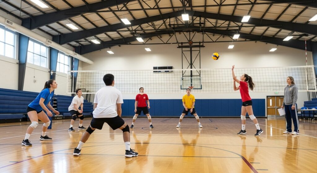 Volleyball team practicing positional drills in the gym