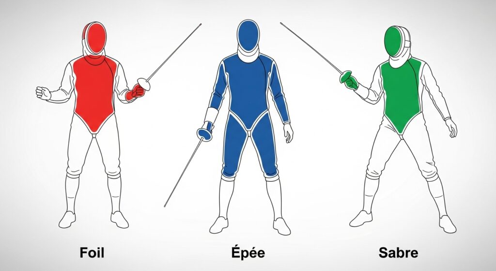 foil’s torso target, épée’s full body, and sabre’s upper body