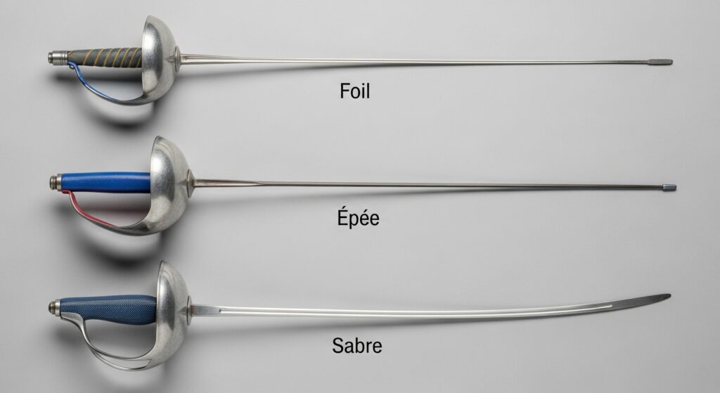 Comparison Chart Image – side-by-side photo of foil, épée, and sabre labeled clearly with their names