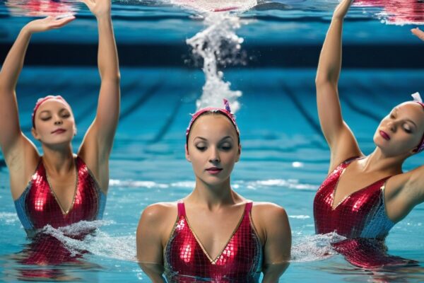 synchronized swimming performance in shimmering pool