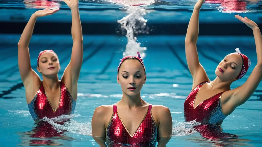 synchronized swimming performance in shimmering pool