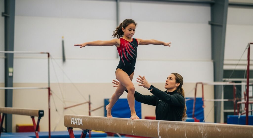 young gymnast training safely with coach