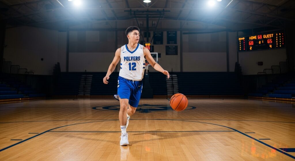 Basketball player dribbling ball while running court laps