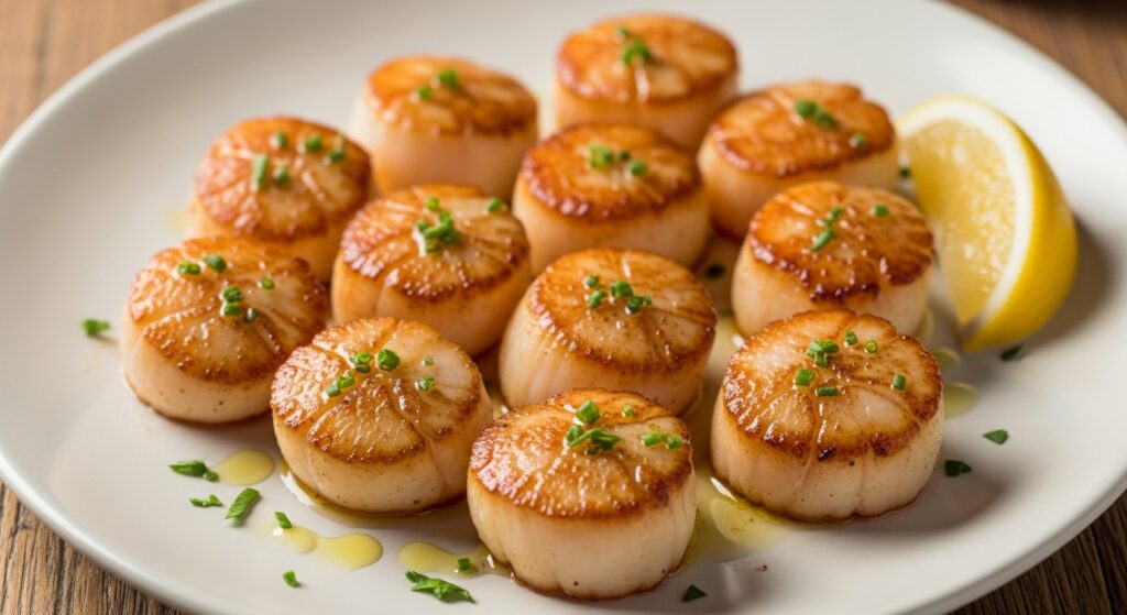 Golden pan-seared scallops high in protein and low in fat