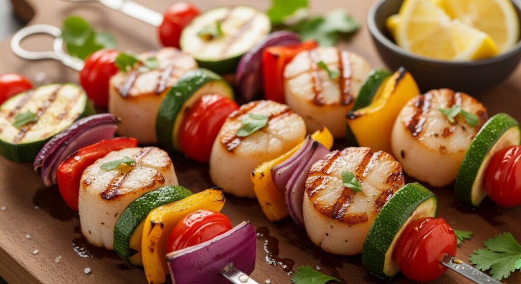 Grilled scallops with vegetables on skewers