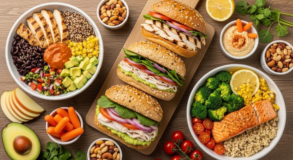 High protein fast food meals including sandwiches and protein bowls