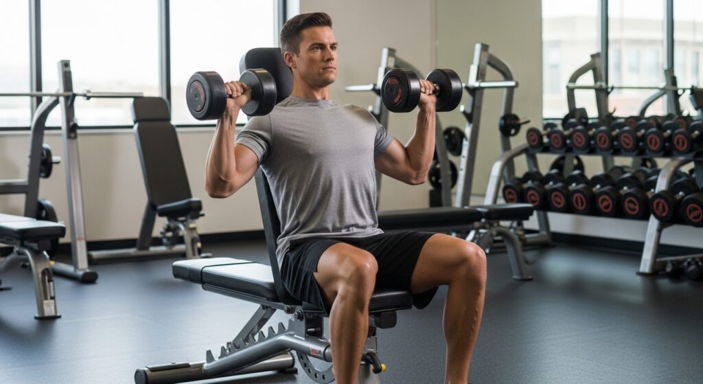 Man performing seated dumbbell shoulder press with correct form