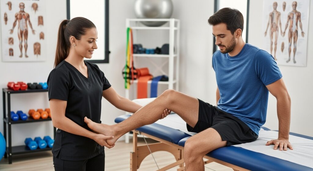 Physical therapist testing hamstring flexibility