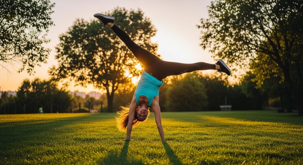 Practicing cartwheels outdoors for better balance and flow