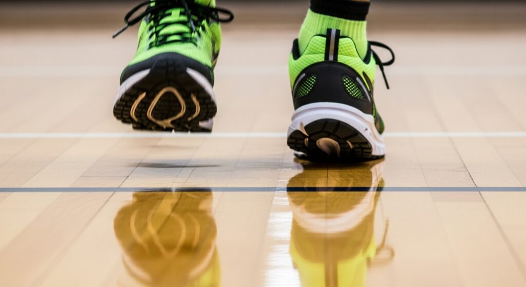 Running shoes on basketball court during laps