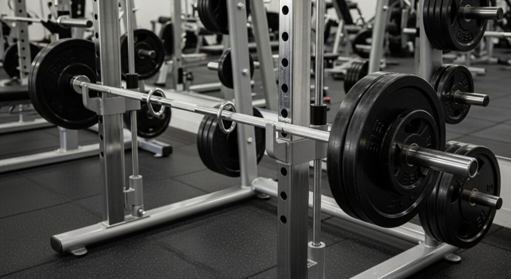 Smith Machine bar on guide rails for safe controlled lifting