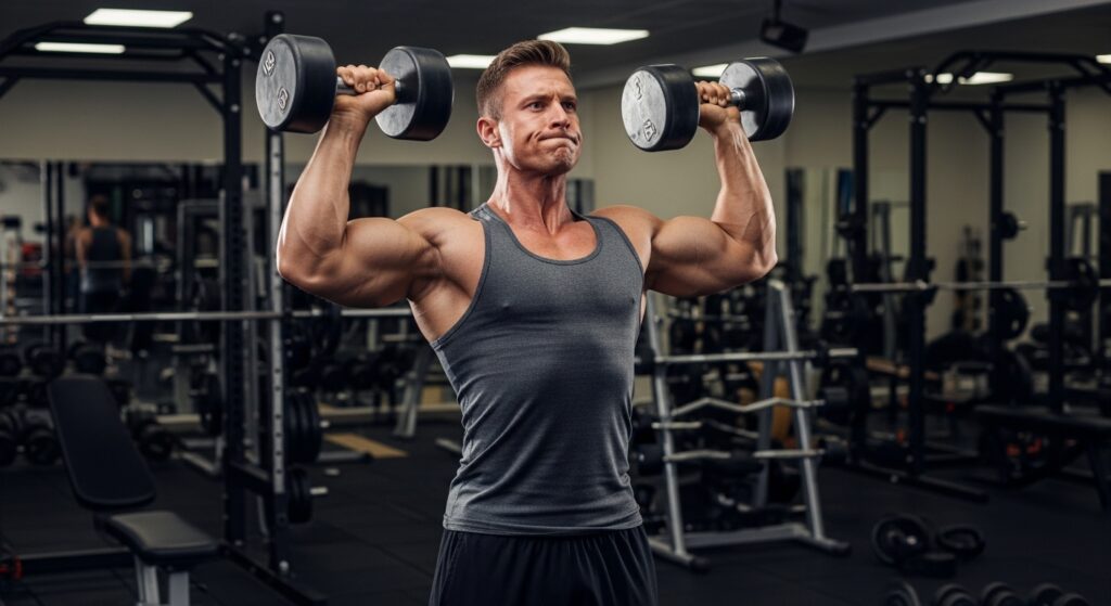 Standing dumbbell shoulder press showing core engagement