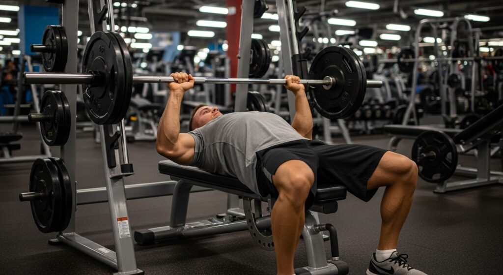 athlete performing Smith Machine bench press for chest workout