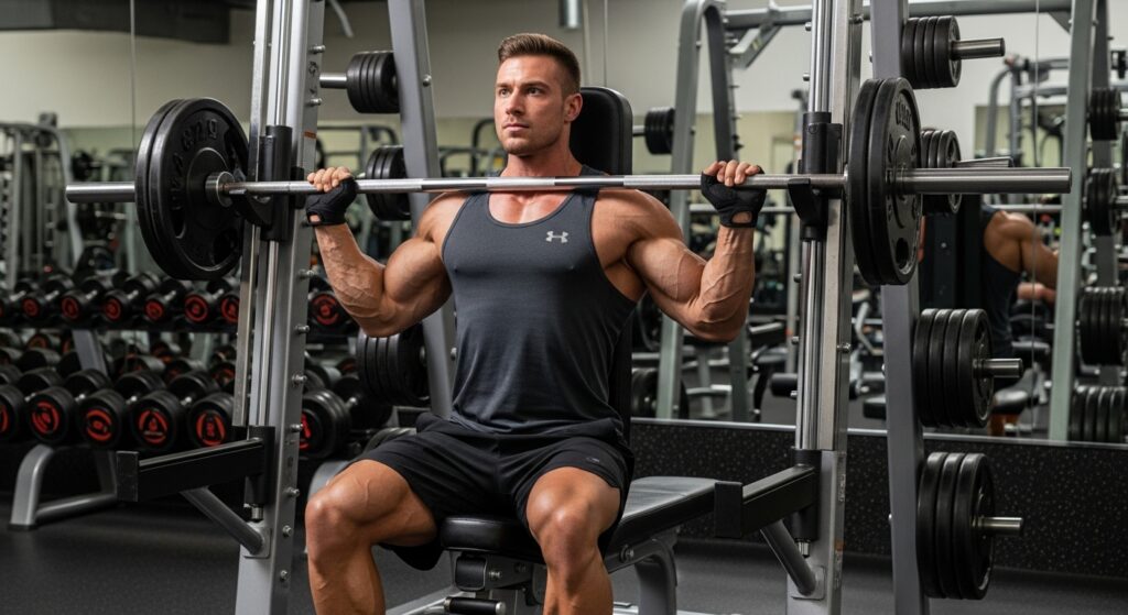 lifter performing Smith Machine shoulder press to build shoulders