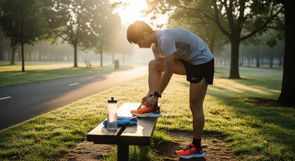 person tying shoelaces before morning run