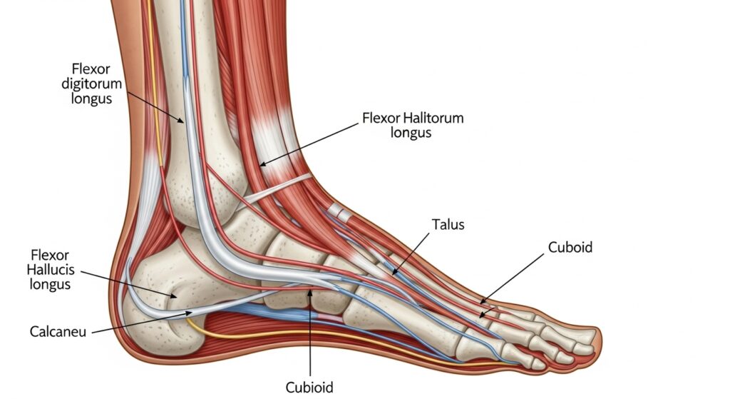 posterior tibial tendon path along inside ankle