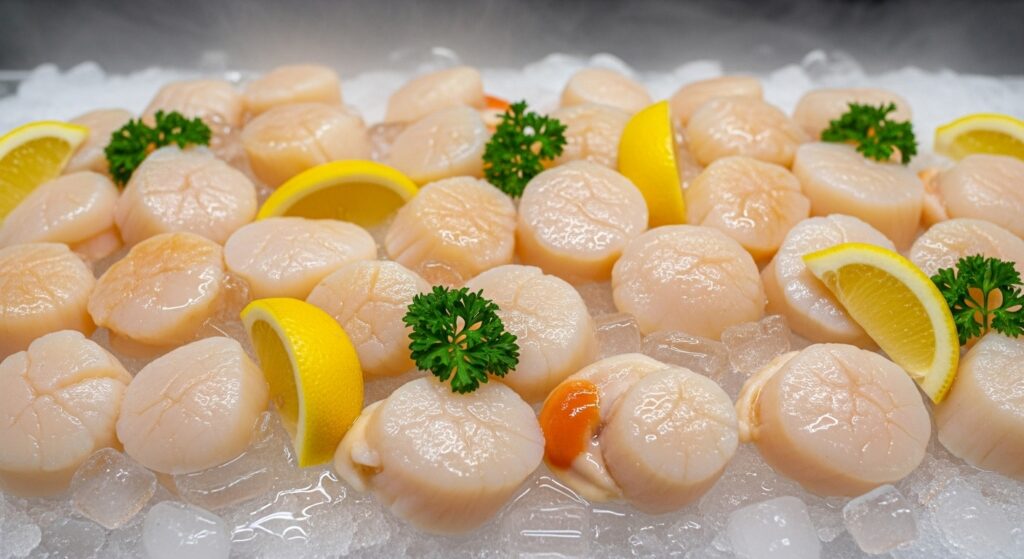 raw scallops on ice for cooking prep
