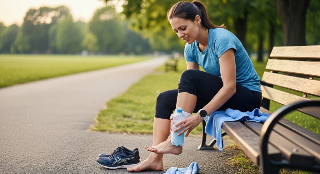 runner massaging foot with frozen water bottle to ease ankle pain