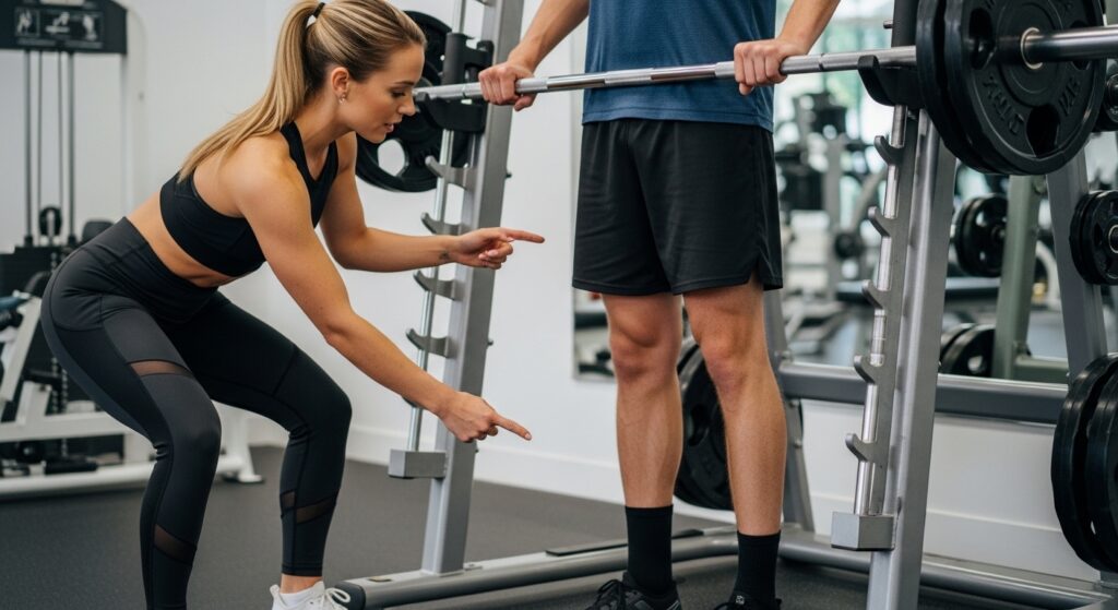trainer showing proper foot placement for Smith Machine squats