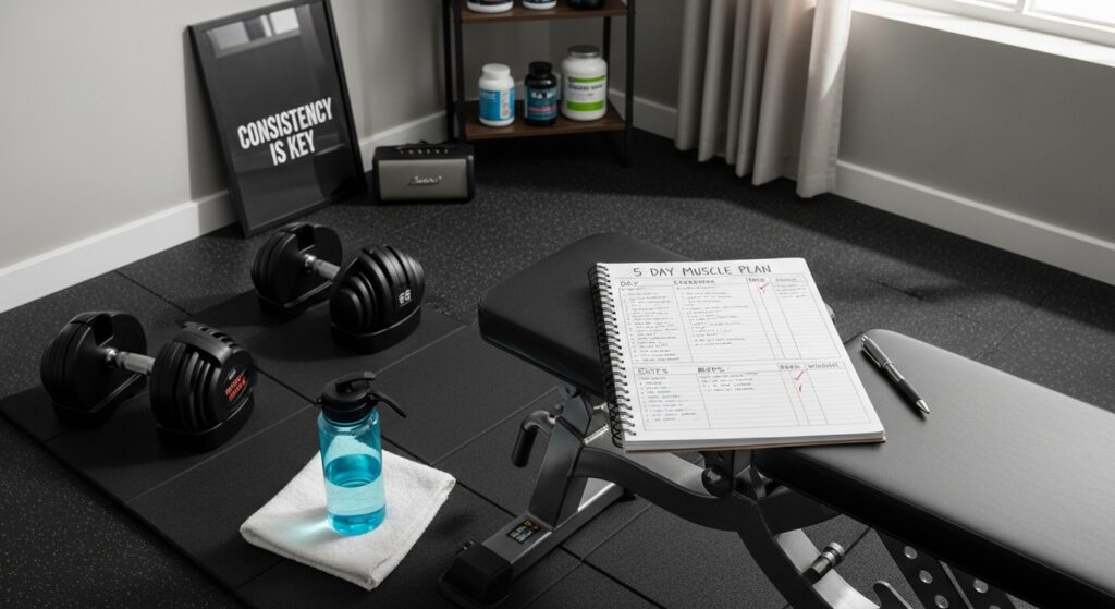 Dumbbell workout setup with training log for 5 day muscle plan