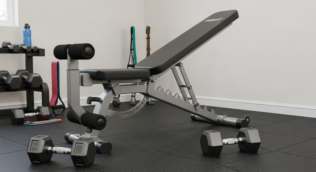 Home incline dumbbell press setup using adjustable bench