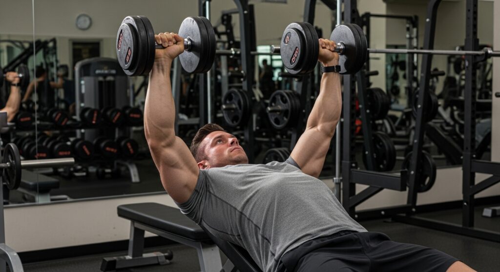 Incline dumbbell press top position with correct arm alignment