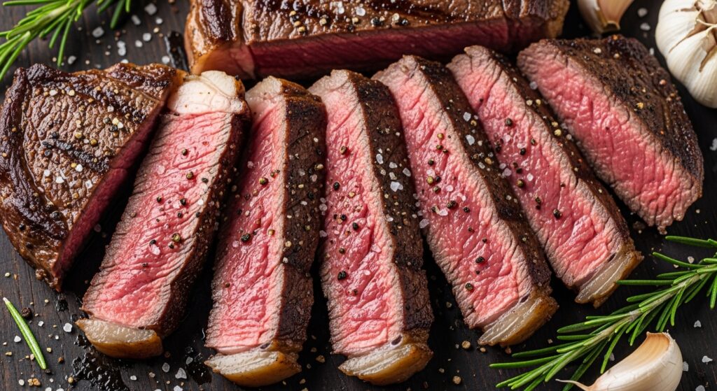 Medium-rare ribeye steak sliced to show juicy pink center and sear