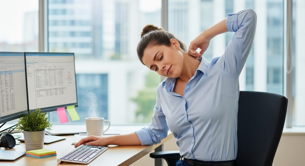 Office worker doing trapezius stretch while sitting at desk