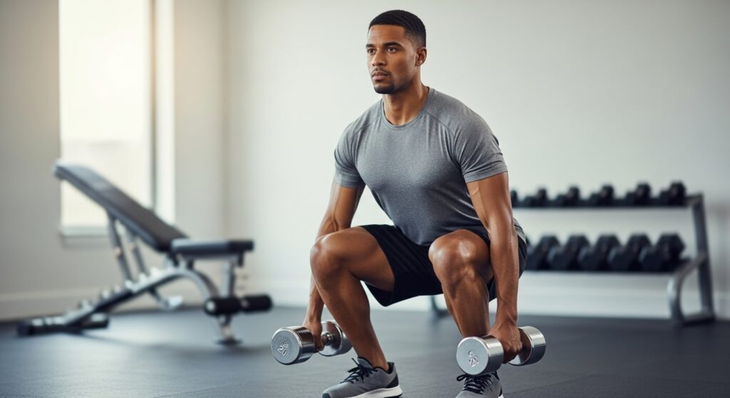 Person holding dumbbells mid-squat form