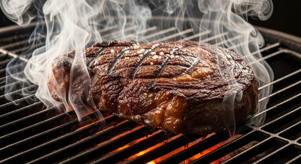 Ribeye steak grilling with visible marbling and fat melting