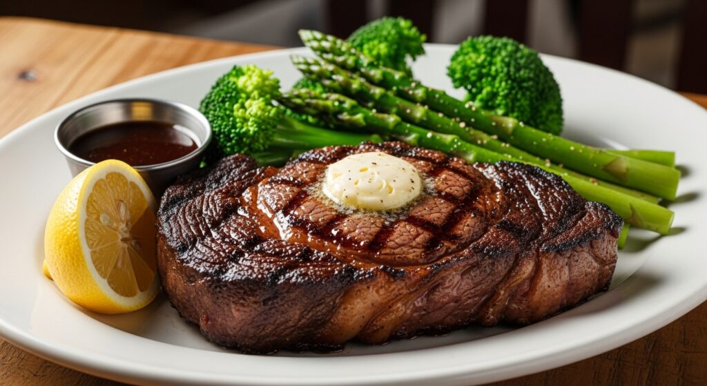Ribeye steak served with broccoli and asparagus