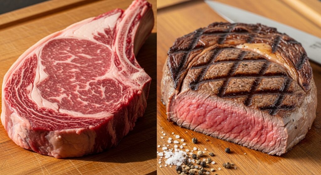 Side-by-side shot of raw vs cooked ribeye steaks