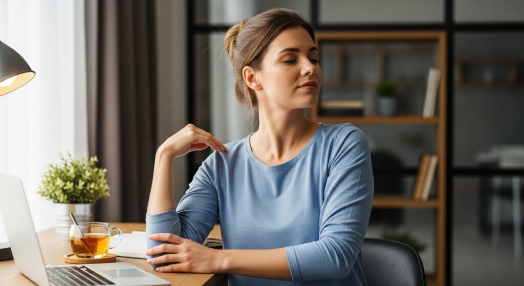 Woman stretching neck at desk for shoulder tension relief