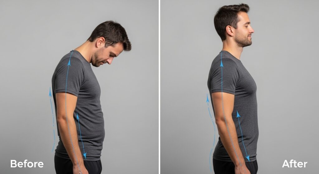 before and after split of bad posture alignment improvement through QL training