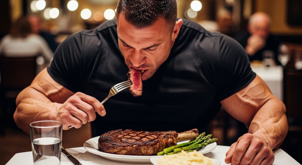 bodybuilder eating ribeye steak