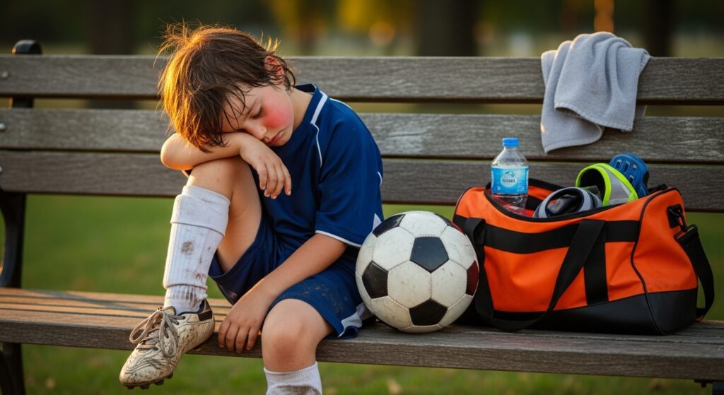 tired young athlete resting on bench